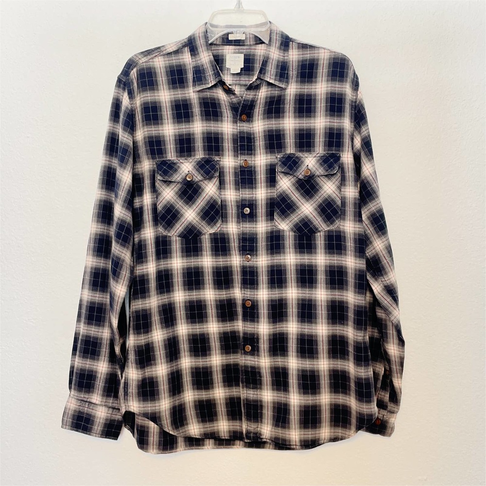 J. Crew Factory Men's Tailored Fit Plaid Flannel Button Down L Blue